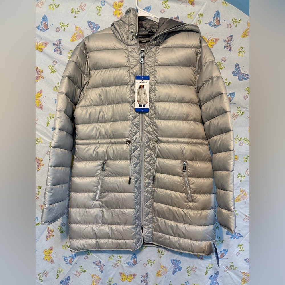 Kenneth Cole New York Women’s Quilted Anorak Hooded Jacket Gray/Silver Large NWT